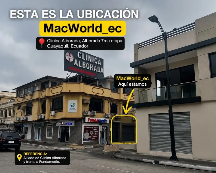 Fachada del local MacWorld en la Alborada 7ma etapa, Guayaquil: al lado de Clínica Alborada y frente a Fundamedic