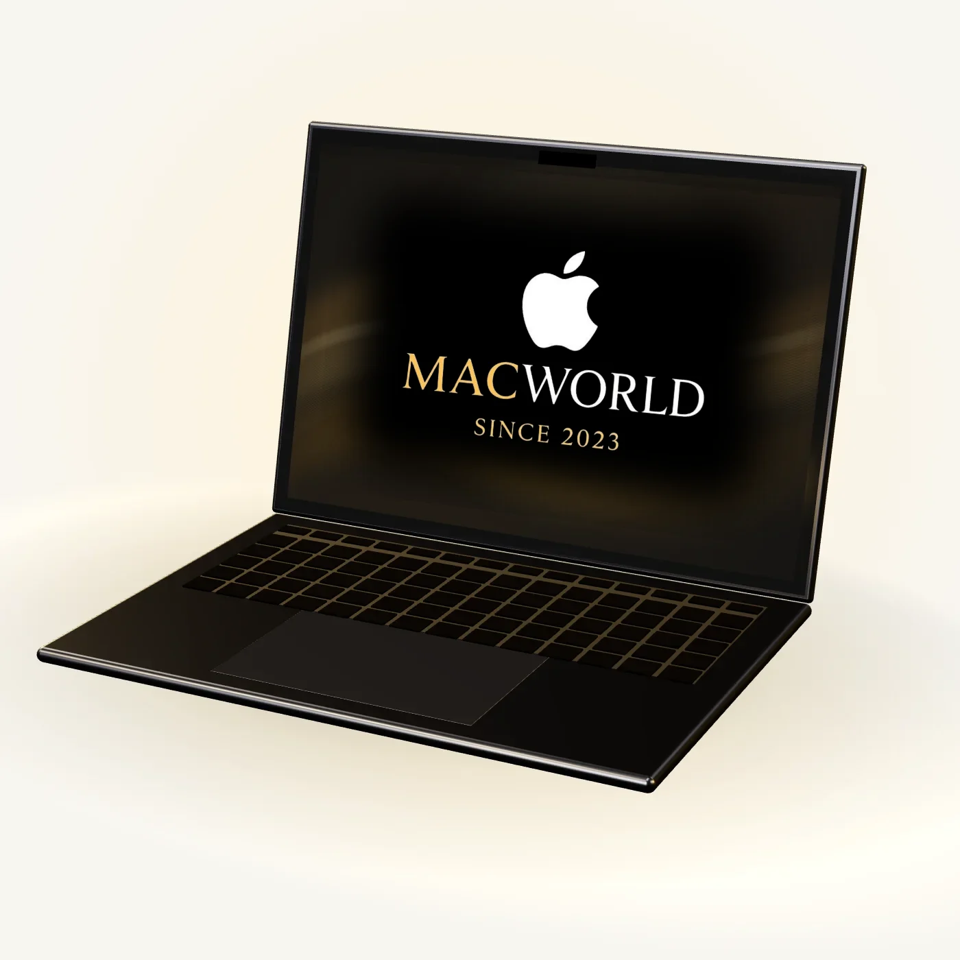 MacBook abierta con el logo de MacWorld en pantalla
